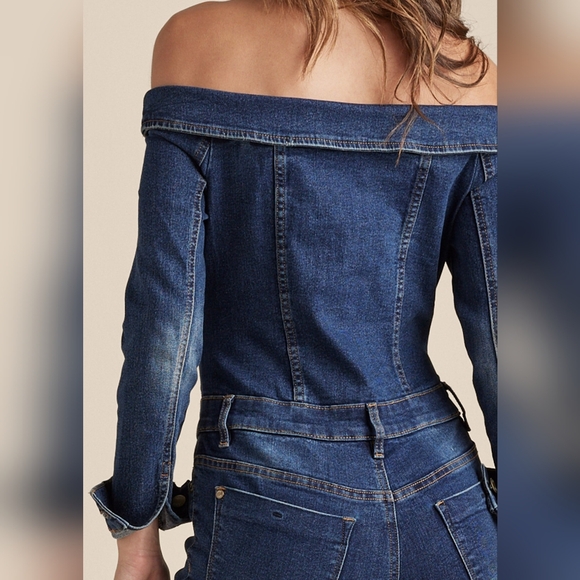 Venus NWOT Off-The-Shoulder Denim Jumpsuit - Dark Wash, Size 18 - Picture 6 of 14